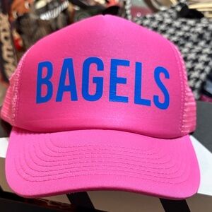 Pink Trucker Hat with Blue 'BAGELS' Print